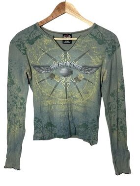 Y2K Vintage Harley Davidson Green Long Sleeve Top Angel Wings Graphic Tee
